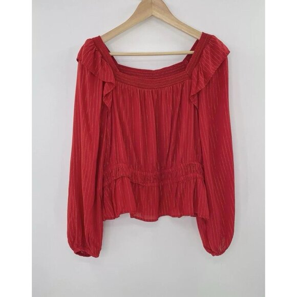 Universal Thread Red Gold Pin Striped Balloon Slv Ruffle Blouse Boho Peasant XL‎ - Picture 1 of 10